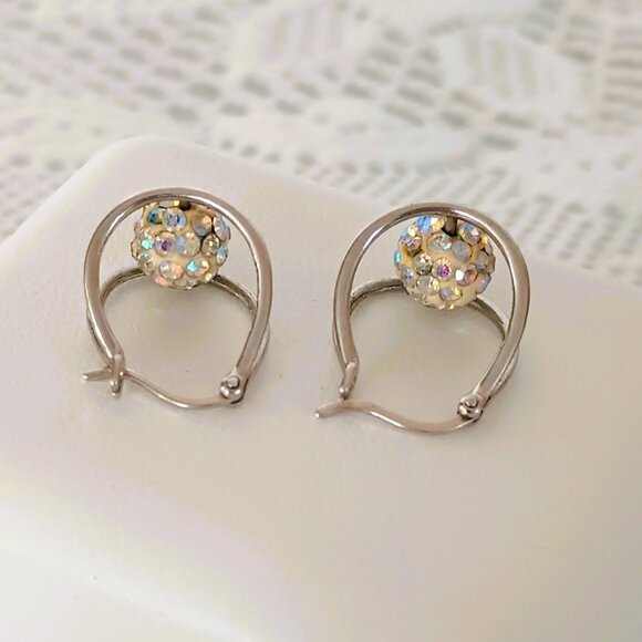 925 Floating Crystal Double Hoop Earrings Sterling Silver Drop Post Earrings - Picture 9 of 14